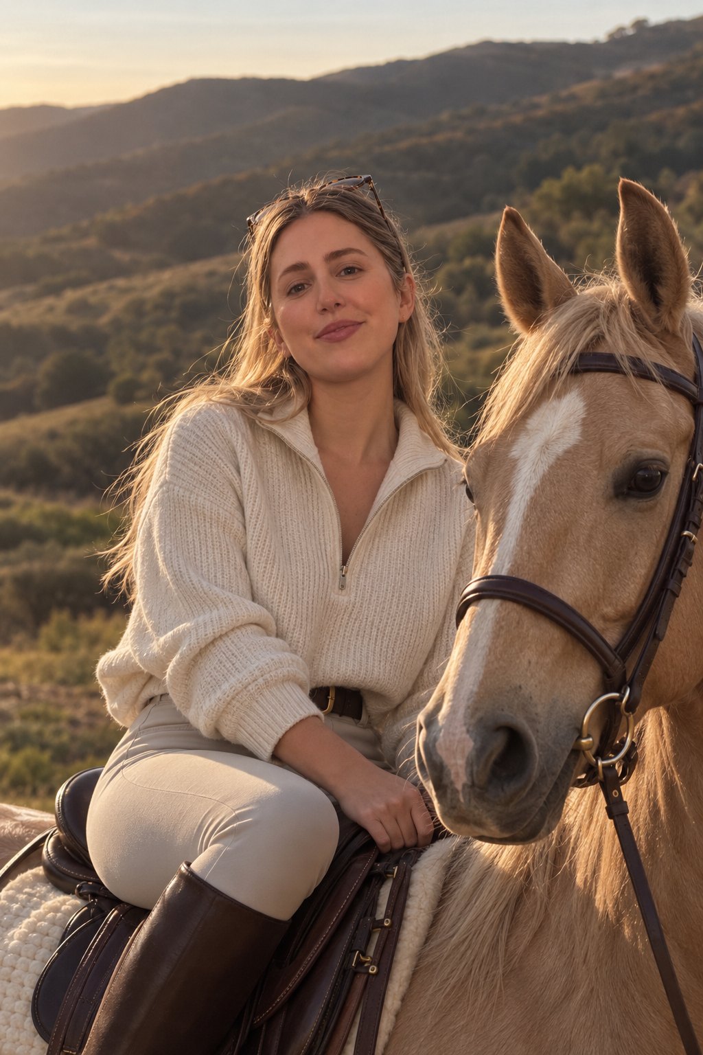 A woman seated on a palomino horse in golden afternoon light