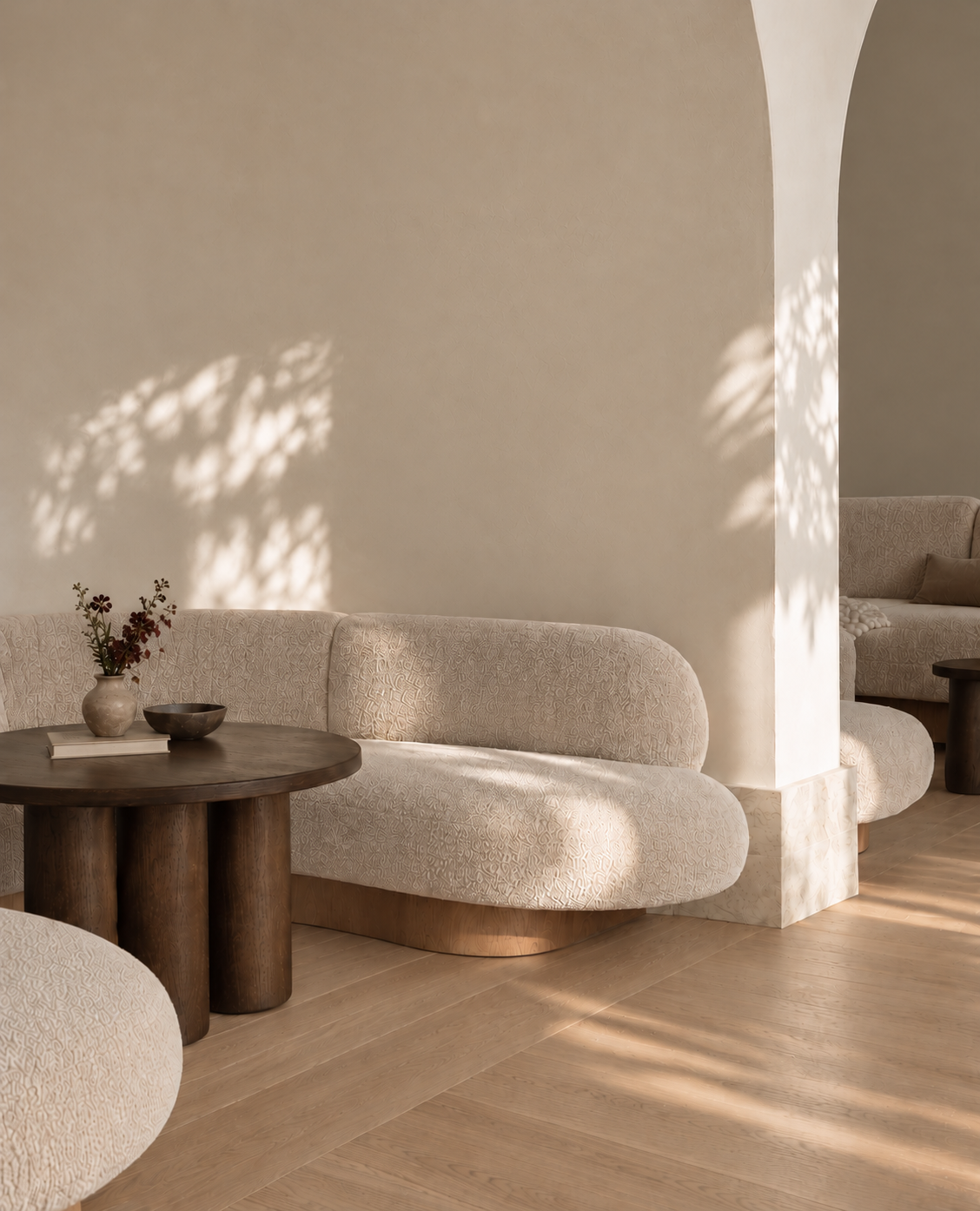 A serene interior with natural textures and soft light