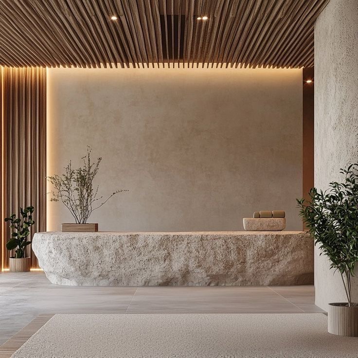 A serene interior with natural textures and soft light