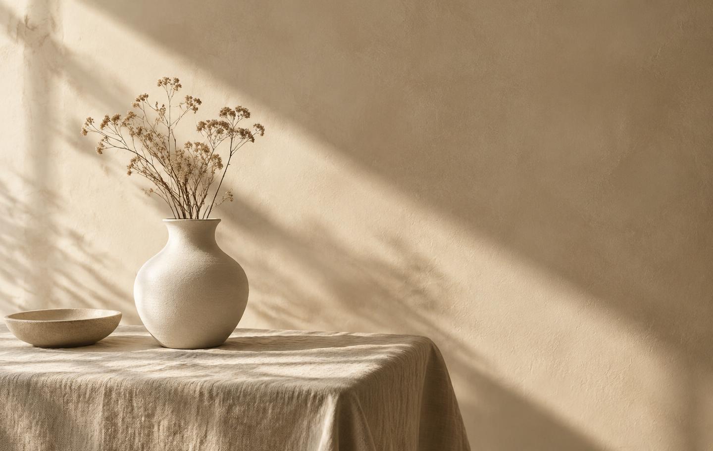 Soft daylight falling across a linen-draped table with a ceramic vase