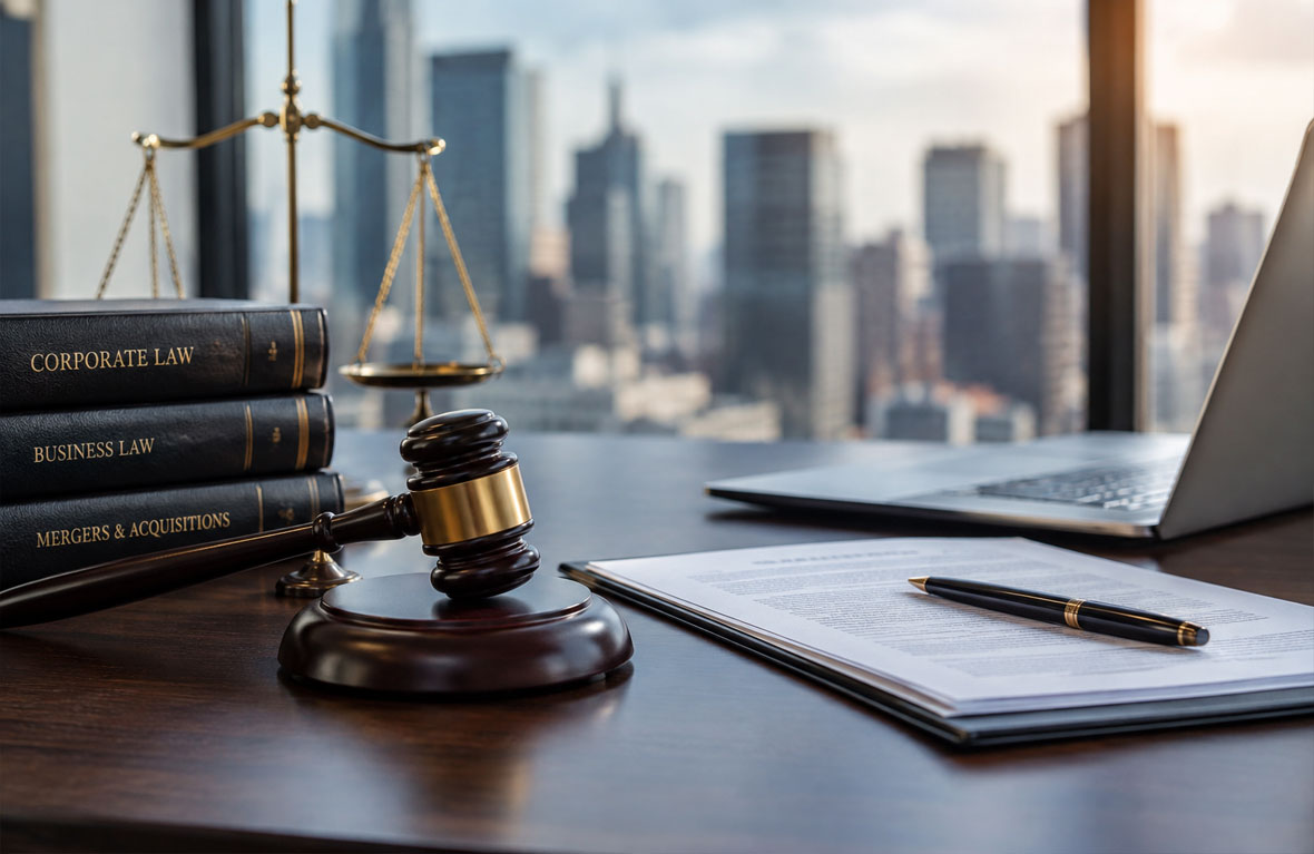A desk with law books and a gavel overlooking the city